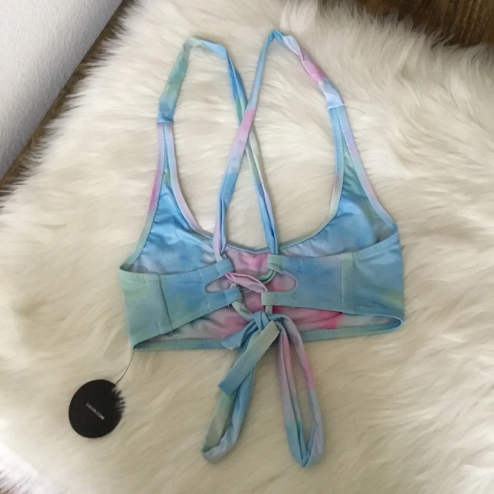 Lulus Wave Crest Blue Tie Dye Scoop Neck Bikini Top Size Medium